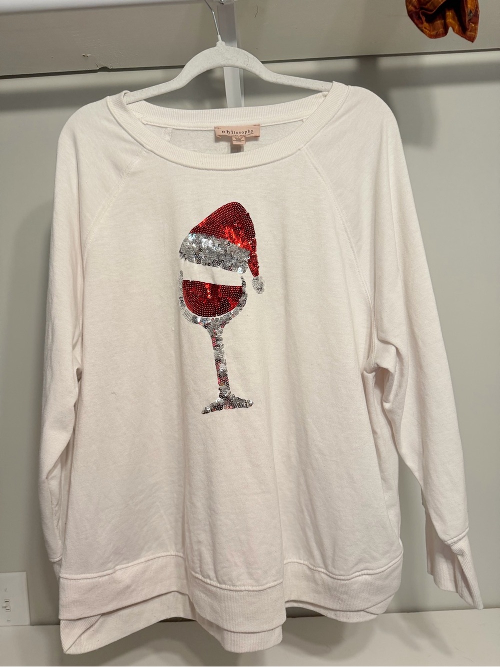 Philosophy White Sequin Wine Glass Sweatshirt with Red Santa Hat